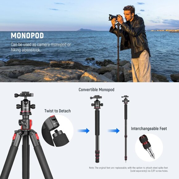 Neewer N284+G0 72 Inch Camera Tripod Monopod Arca Style Mount Red/Black w/ Bag - Picture 11 of 15